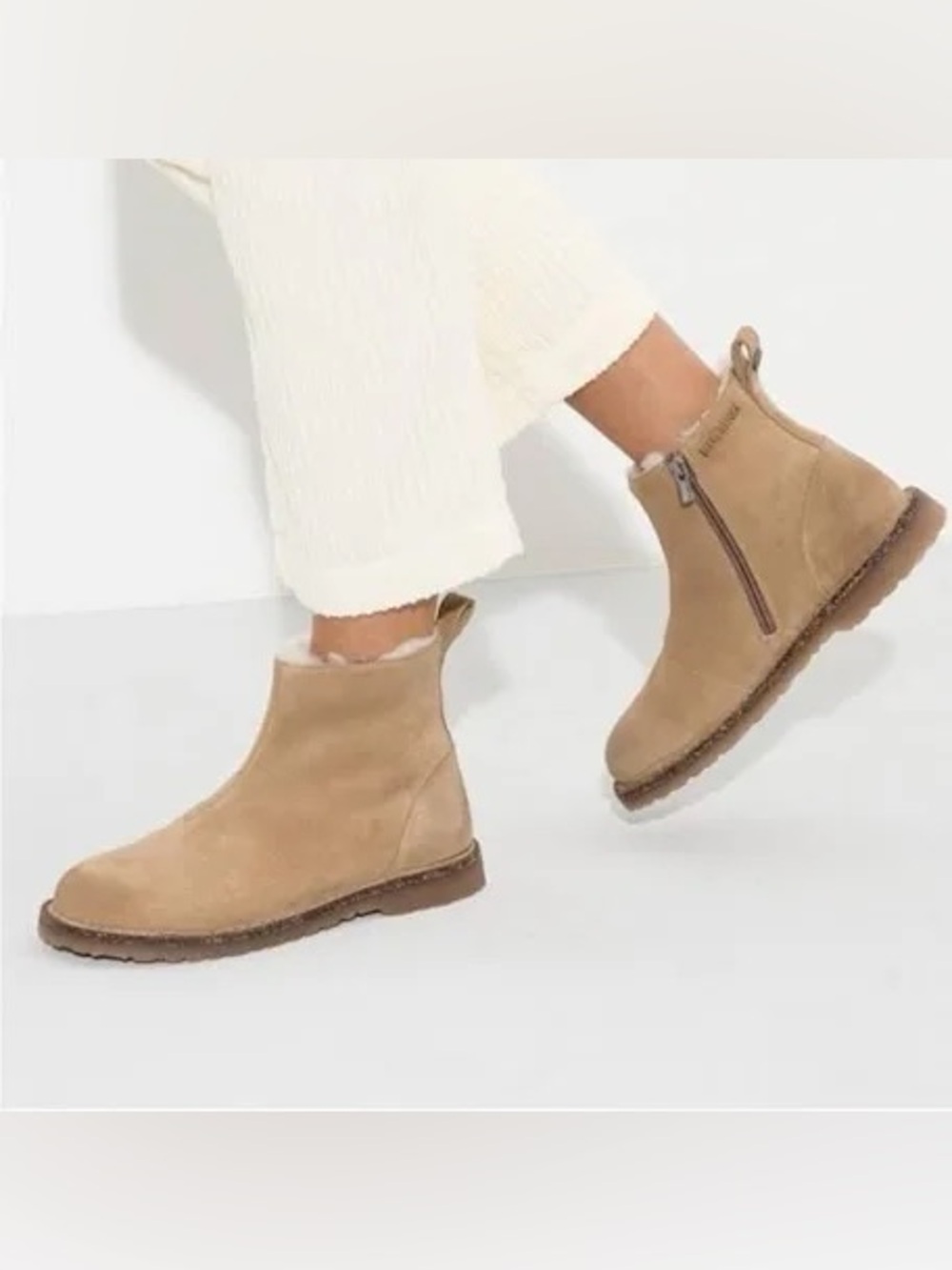 Birkenstock Tan Suede Shearling Zip Ankle Booties